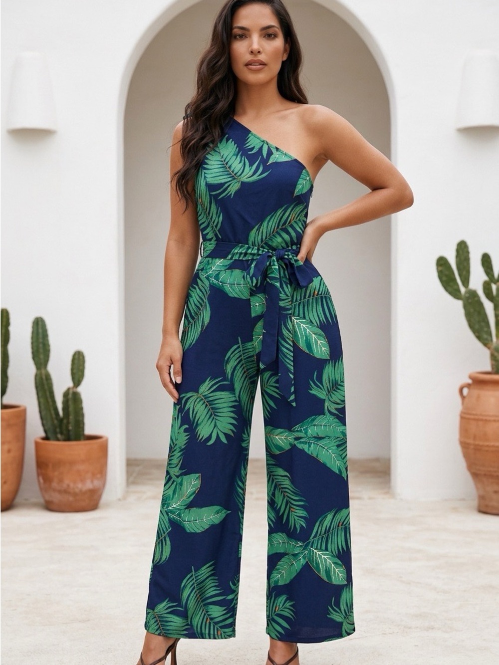 One-Shoulder Navy & Green Tropical Jumpsuit